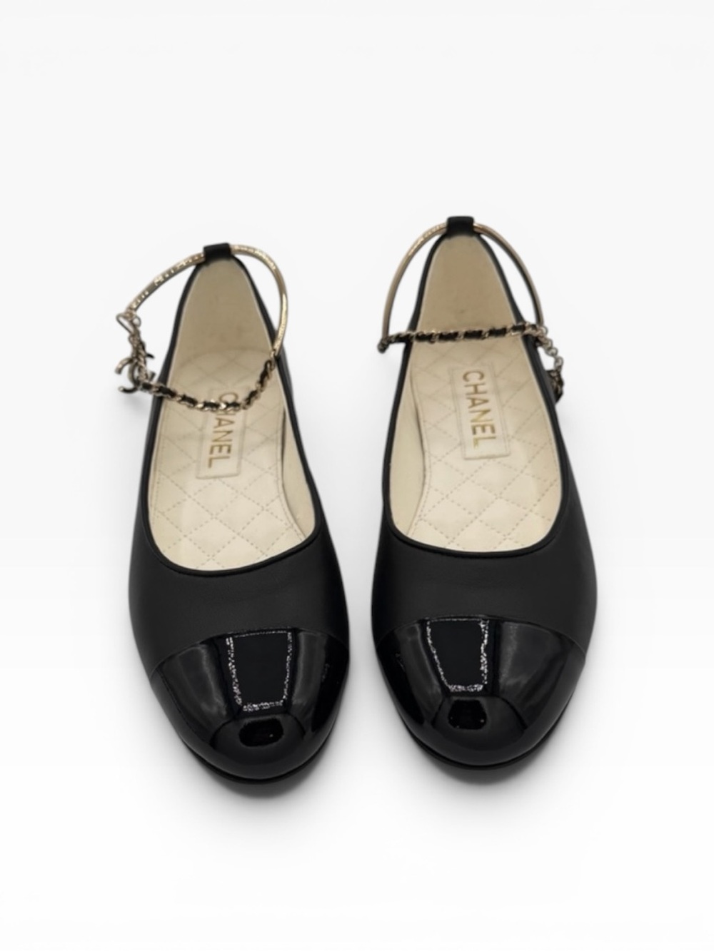 Chanel Ballet Flats Black Lambskin Patent Cap Toe Chain CC Charm Size 38 NWT - Picture 5 of 12